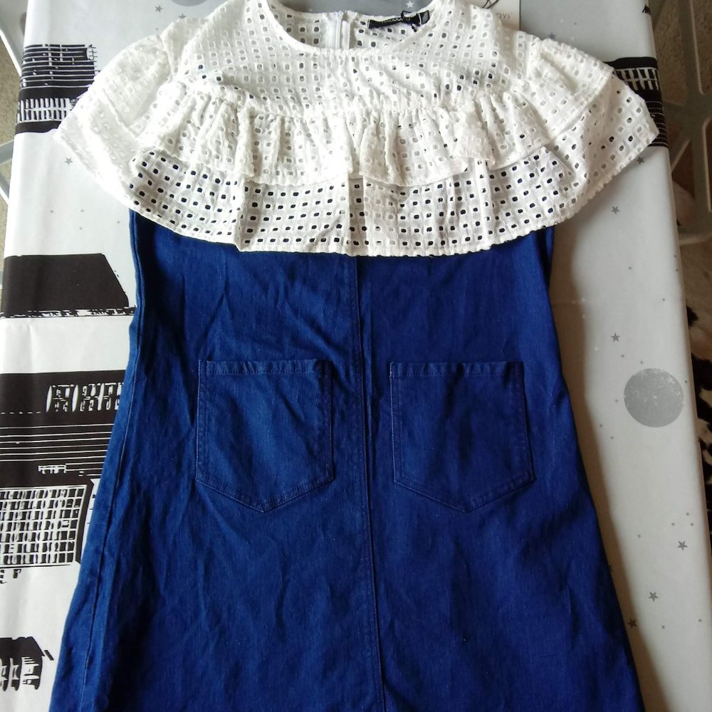 A-Line Denim Dress with Lace Insert and Pockets